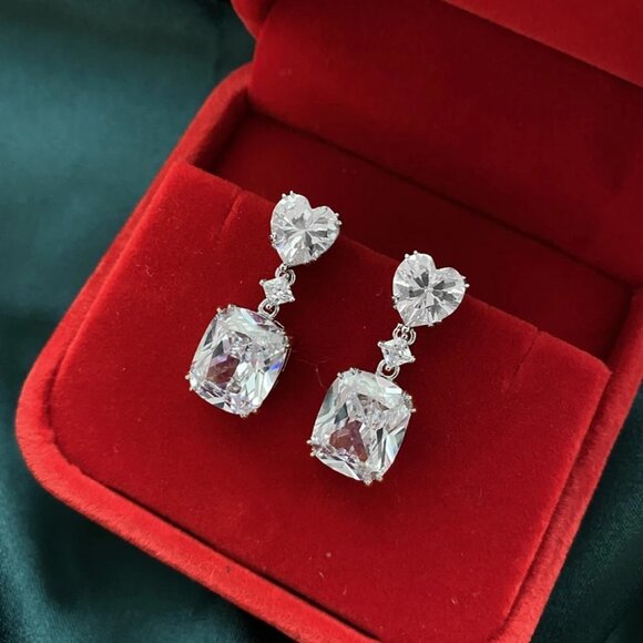 "New Colorful Radiant Cut Heart Diamond CZ Drop Earrings for Women, HA4396 - Picture 3 of 3